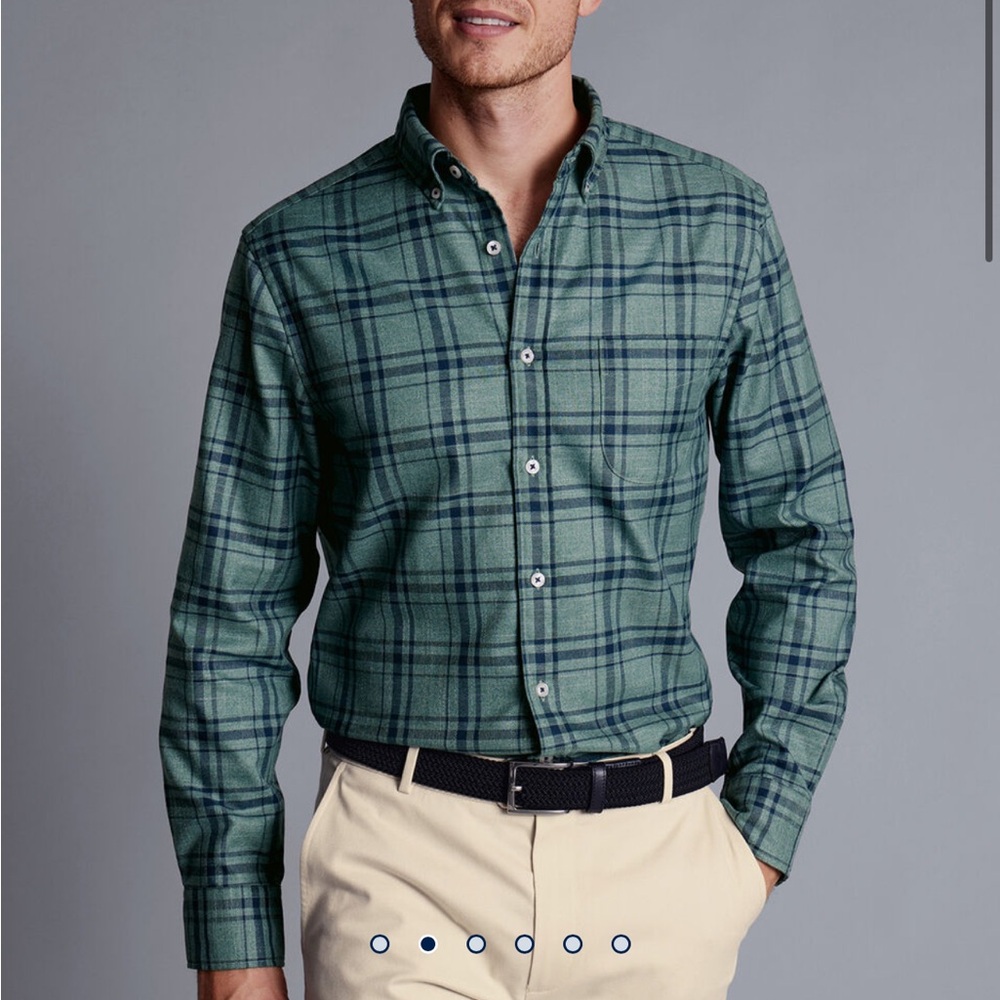 Charles Tyrwhitt Button-Down Collar Non-Iron Twill Large Check Shirt- Teal Green